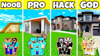 Minecraft Battle: Family Modern New Mansion Build Challenge - Noob vs Pro vs Hacker vs God
