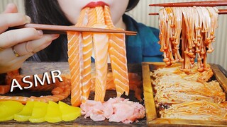 ASMR EATING RAW SALMON NOODLES AND SPICY ENOKI MUSHROOM EATING SOUND | LINH-ASMR #LINHASMR #ASMR #먹방