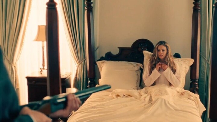 The girl happily undressed her father, but her father inexplicably raised his hunting rifle.