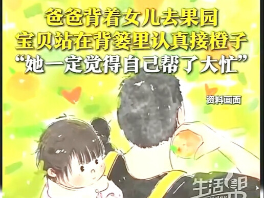 Dad takes his daughter to the orchard; the little one stands in his arms, looking very focused.