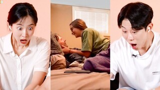 Reaksi pria dan wanita menonton video ciuman mendalam di tempat tidur