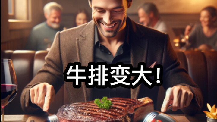 Membuat GPT-4 menggambarkan seseorang sedang makan steak, tetapi ukuran steakhnya terus membesar, hi