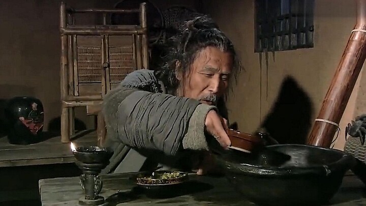 An old man works all year just to earn a potful, so he pours himself a drink to ease his sorrow—only