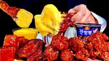 ASMR 매콤달콤 양념치킨파티🍗자메이카 통다리 양념치킨 양념멘보샤 치즈소스 찍먹방~!! Sweet Spicy Chicken With spicy Noodles MuKBang~!!