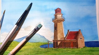 Painting Basco Lighthouse of Batanes Philippines with Watercolor | Time Lapse