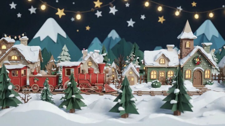 Miniature Christmas village with red train traveling through snow-covered landscape under starry sky