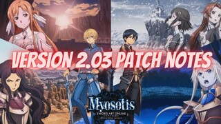 Sword Art Online Alicization Lycoris Version 2.03 Patch Notes