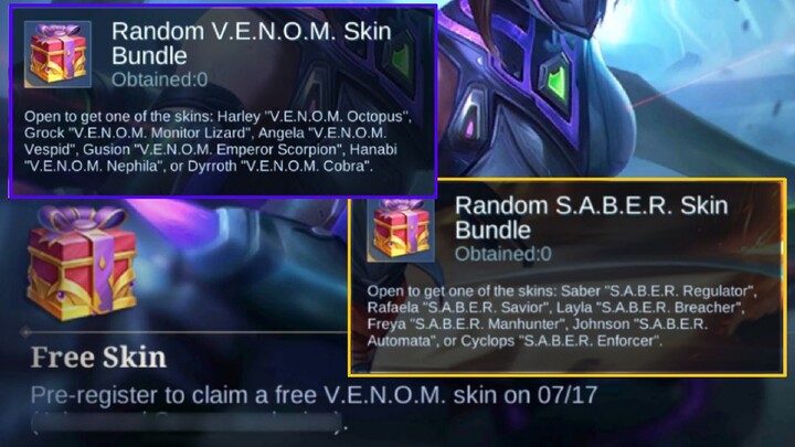 Pre-order Now to Claim Free Random V.E.N.O.M Skins and S.A.B.E.R Skins in Mobile Legends