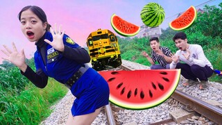 Police Girl Poop Prank High-speed Train Nerf Guns Fight Criminal Watermelon Battle | TNS Nerf War
