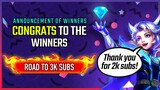 Announcement of Winners for 2000 Subscriber Giveaway | Diamond Giveaway Mobile Legends