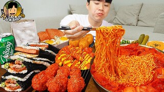 ASMR MUKBANG 직접 만든 대왕 가래떡 떡볶이 불닭볶음면 김밥 양념 치킨먹방! & 레시피 FIRE NOODLES AND Tteokbokki EATING SOUND!
