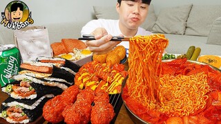 ASMR MUKBANG 직접 만든 대왕 가래떡 떡볶이 불닭볶음면 김밥 양념 치킨먹방! & 레시피 FIRE NOODLES AND Tteokbokki EATING SOUND!