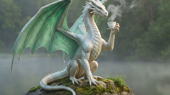 A dragon drinking tea in the garden.