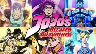 JoJo's Bizarre Adventure ALL OPENINGS w/ Lyrics [ENG/ROM] (1080p HQ)