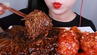 Bean Enoki Nấm, Gà cay 짜장 MUKBANG #amthucngon