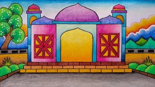 Cara menggambar masjid || Belajar menggambar masjid yang mudah || Menggambar dan mewarnai masjid