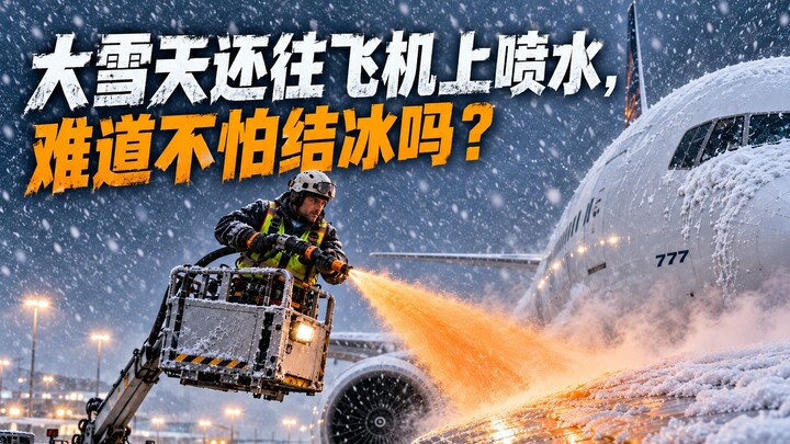 On a snowy day, they’re still spraying water on the plane—aren’t they worried it’ll freeze?