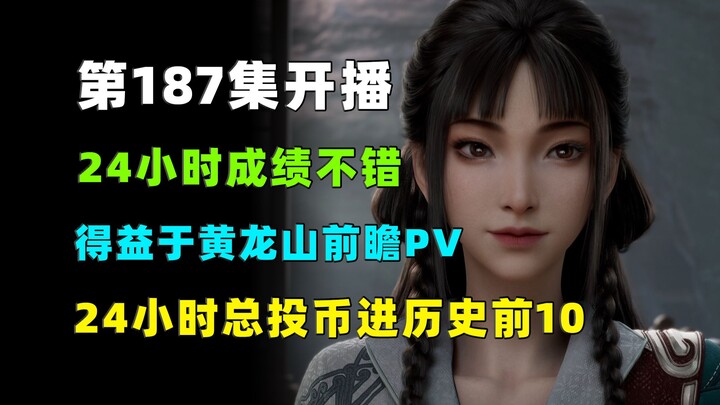 Episode 187 posted strong 24-hour results, boosted by the Huanglongshan preview PV; its total coin d
