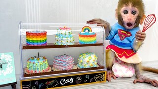 Little monkey Bon Bon Cooking and eats cake with puppy in the garden