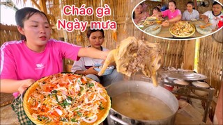 hôm nay Mai nấu nguyên nồi cháo gà trổn gỏi ăn ngày mưa, Bối khen ngon