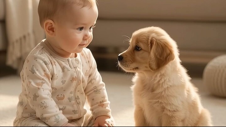 Baby laughing at puppy