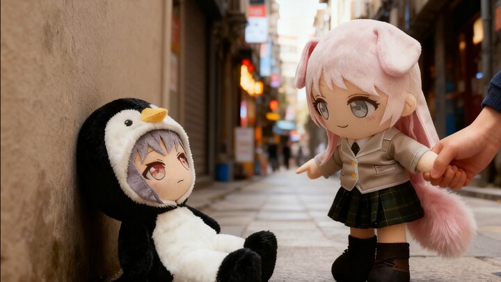 Taking a fluffy, big dog out for a stroll, only to unexpectedly find a little penguin!