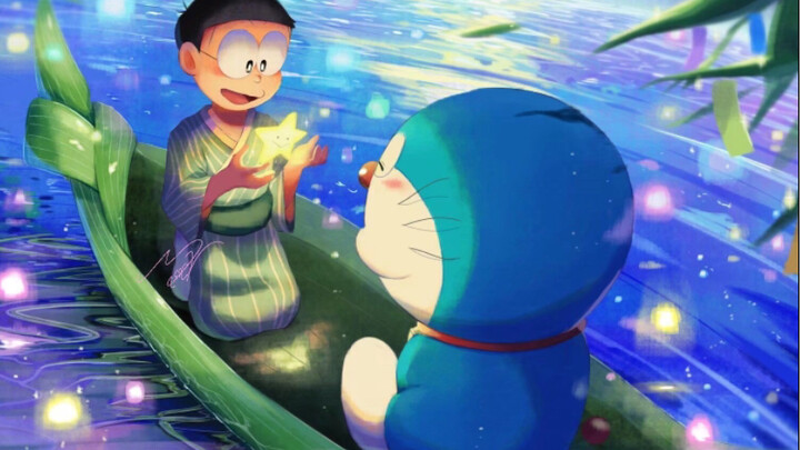 "Doraemon × Kembang Api" "Giliran Doraemon yang menyembuhkanmu~" (Arah penyembuhan)