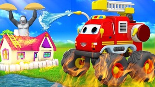 Gorilla and Monkey Fire Truck Rescue Barn Forest Animals in Farm | Funny Animals Videos in Jungle 3D