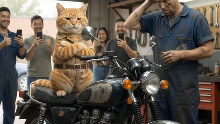 A Cute cat fixing the bike and show their 20year experience 😮