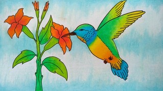 Menggambar burung dan bunga || Menggambar burung kolibri || Menggambar bunga sepatu