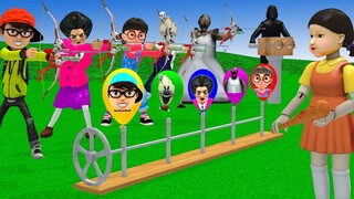 Scary Teacher 3D vs Squid Game Balloon Mask Archery Challenge 5 Times Miss T vs Nick and Tani Win