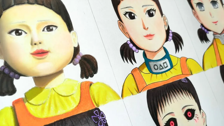 วาดตุ๊กตาเกมปลาหมึกในสไตล์อะนิเมะที่แตกต่างกัน