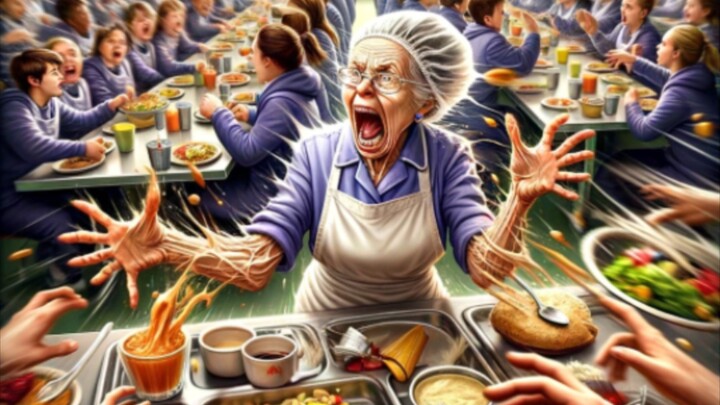 用gpt画一个给学生盛菜的食堂阿姨，但手越来越抖，最后…