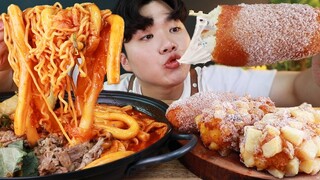 MUKBANG ASMR 청년다방 차돌떡볶이에 명랑핫도그 리얼사운드 먹방 Beef Tteokbokki & Hot dog EAXúc xích هوت دوج