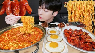 MUKBANG | 직접 만든 간장 계란 레시피 & 스팸 부대 라면, 소세지 야채볶음 먹방 | RECIPE KOREAN HOME FOOD