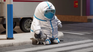 The cute kitten and the tired white cat snuggled together on the street. This scene is so heartwarmi