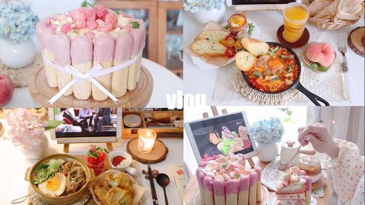 Vlog 98 ♡ Solo Dining | Peach Charlotte Cake | Homemade Baguette | North African Eggs | Homemade Ram