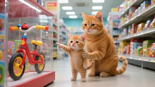 Mama cat worked hard at the restaurant to buy a bicycle for her kitten