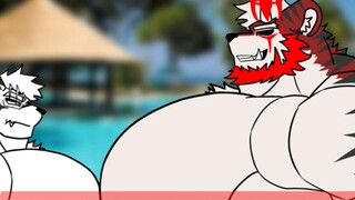 The muscular grandfather and grandson are competing by the pool to see who has bigger muscles