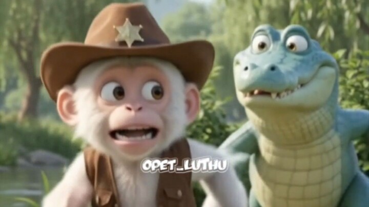 A monkey is terrified while being chased by a crocodile.