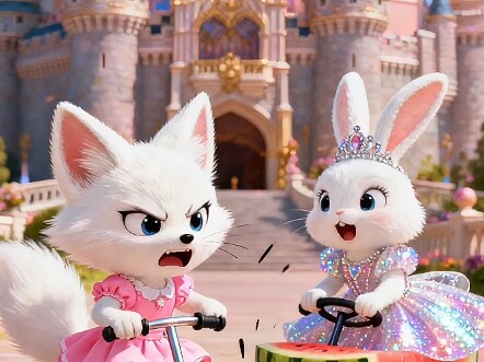 The little fox crashed into the little bunny’s wobbly watermelon car.