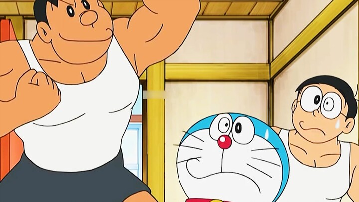 Doraemon: Nobita uses body clay to transform into a muscular man, but it's just a showpiece
