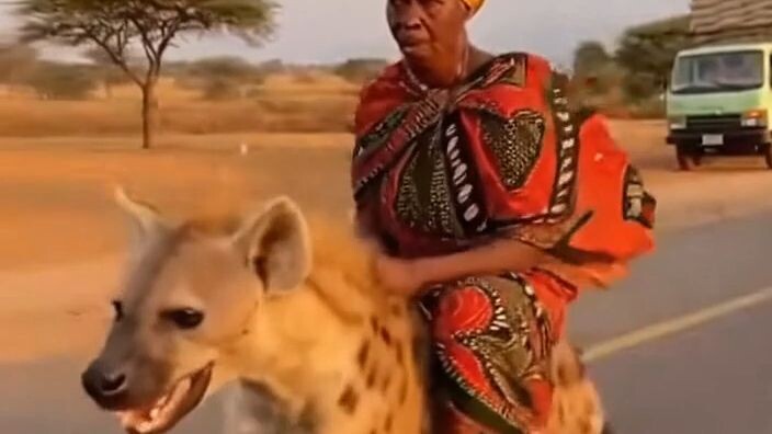 African women ride hyena like horse