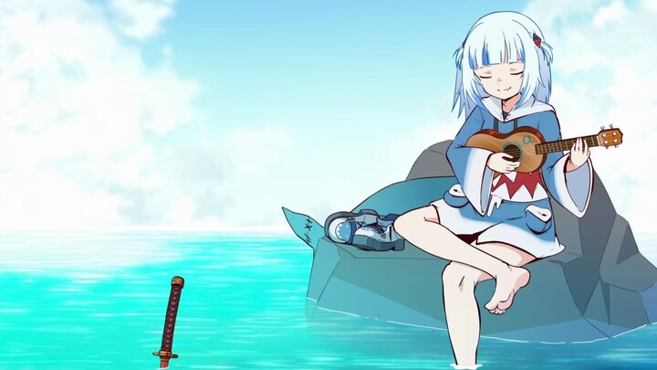 Gawr Gura hums and plays her BGM on the ukulele