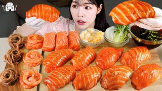 ASMR MUKBANG| 직접 만든 대왕 연어 초밥 연어국수 통연어 먹방 & 레시피 RAW SALMON NOODLES EATING