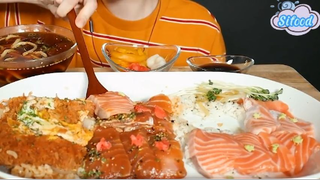 Cơm cá hồi sống, thịt heo chiên xù, mì undon không nóng 3 #amthuc