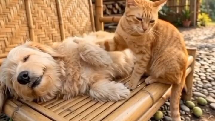 “A Sleepy Dog & His Caring Cat Friend 🐶🐱❤️”#CuteAnimals #DogAndCat #FunnyPets #AnimalFriends #Cute