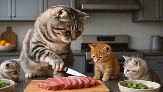 Mama Cat Preparing Beef Meatballs & Makes Tiger Hat For Kittens At Home🧶 - 1440