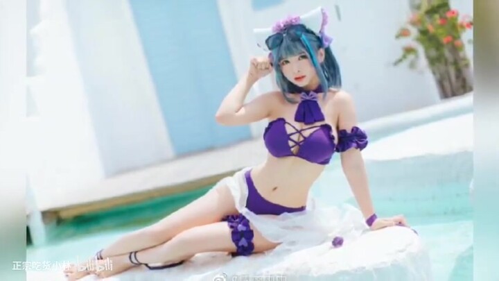 小姐姐cosplay碧蓝航线泳装水着柴郡， 也太甜美太可爱了吧！