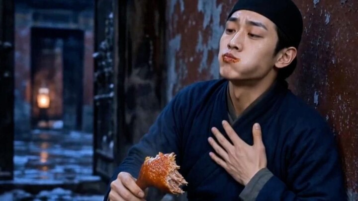 A night watch eunuch of the Forbidden City makes his rounds outside the gate, while a junior eunuch 